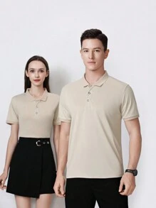 个性化定制 Polo 衫，左胸印有您的徽标或图像，商务短袖，适合公司制服、酒店、促销、工厂、文化衬衫 - 杏色 - 查看 7