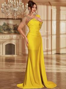 Applique Mesh Splice Long Sleeve Elegant Asymmetrical Neck Maxi Evening Dress With Train, For Women, Party Dress, Wedding Guest Dress, Formal Dress,Gown - Yellow - View 5