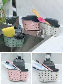 2pcs Rubber Material Kitchen Sink Rack, Adjustable Dish Drying Rack With Hanging Bag, Sponge & Brush Holder, Ginger & Garlic Basket, Double Layer Drainer Basket, Storage Basket, Bathroom & Kitchen Organizer