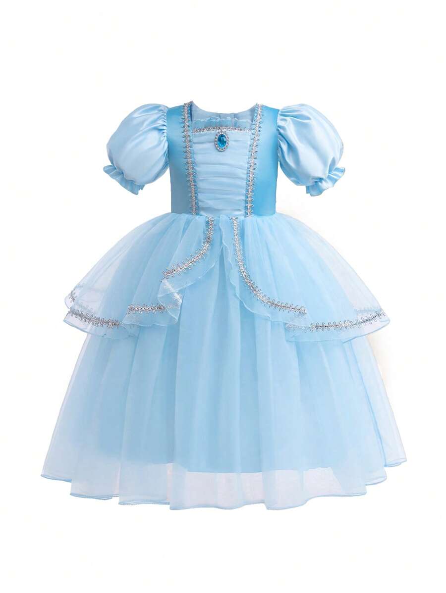 年轻女孩荷叶边泡泡袖优雅欧根纱公主裙，适合角色扮演和派对 - 藍色 - 查看 1