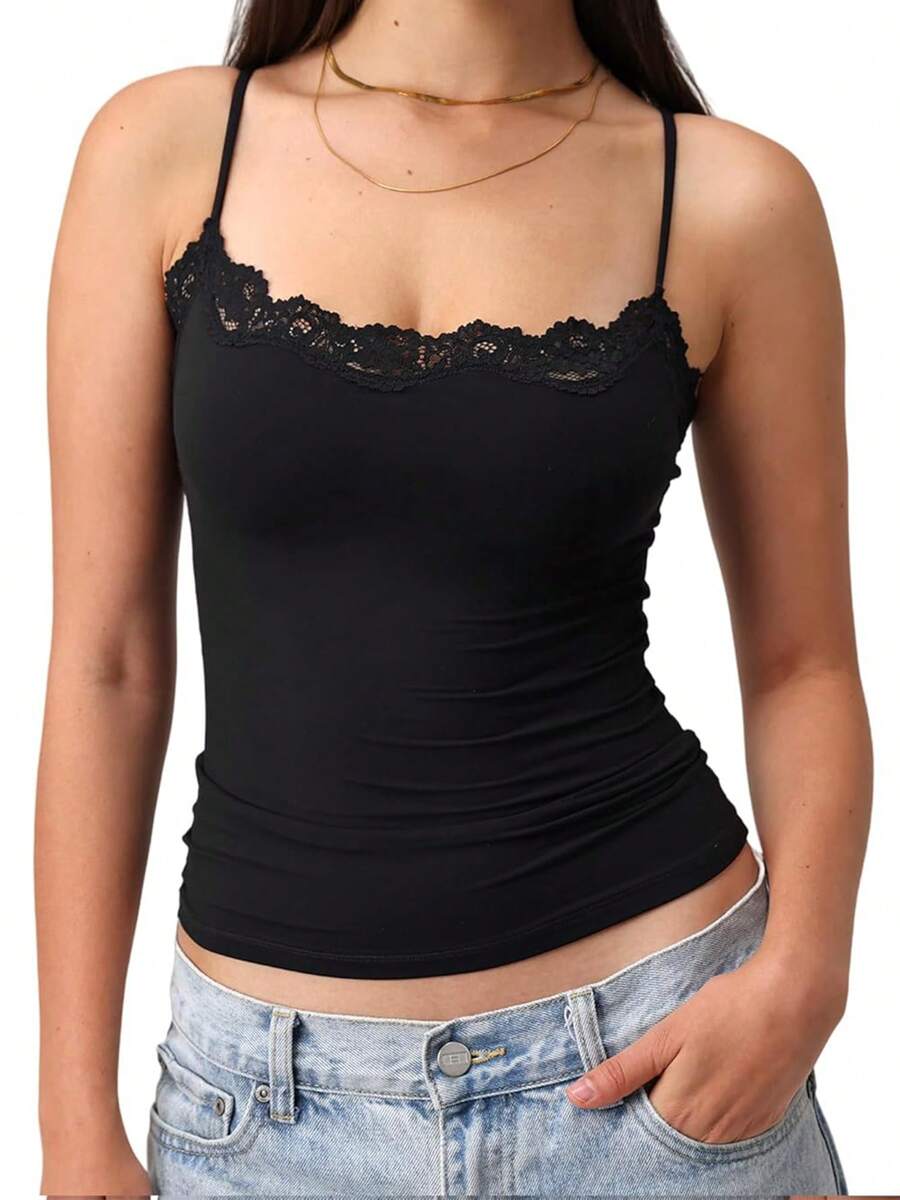 Women's Padded Lace Trim Cami Top Sexy Tank Top Spaghetti Strap Club Party Shirts Y2k Going Out Undershirt Tops - 黑色 - 查看 1