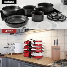 1 pieza Organizador de estante para ollas, Organizador de 8 niveles para ollas y sartenes para organización y almacenamiento de cocina, Soportes ajustables para tapas de ollas y estante para sartenes, Organizador de tapas para ollas y sartenes con 3 métodos de bricolaje - Negro - Ver 9