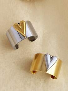 Minimalism Gold And Silver Color Large Heart Cocktail Ring Adjustable Y2k Heart Cuff Ring In Two-Tone Mixed Metals Jewelry - Gold - View 8