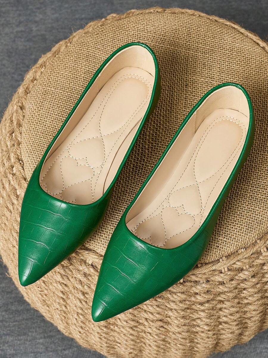 Women Snake Skin Pattern Casual Pointed Toe Flat Shoes, Red, Pink, Yellow, Grey, Burgundy, Olive Green, Navy, Brown, Versatile Slip-On Shoes - 綠色 - 查看 1