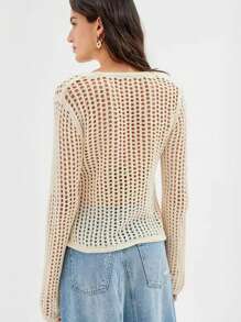 GoyRrbay Swimsuit Coverup For Women Long Sleeve Swim Cover Up Hollow Out Knitted Bikini Beachwear - 杏色 - 查看 2