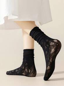 1/3 Pairs Women Lace Frill Trim Thin Summer Mesh Hollow Out Mid-Calf Socks, White, Breathable, Versatile, Fall - Multicolor - View 8