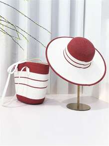 1 Straw Hat + 1 Straw Bag, Women Summer Bohemian Colorful Striped Straw Hat And Straw Bag Set, Fashionable Beach Vacation, Wide Brim Sun Hat Breathable Foldable, Tote Bag Phone Pouch, Outdoor Leisure Travel UV Protection Daily Matching - Multicolor - View 5