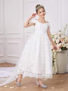 Abito da damigella d'onore per ragazze pre-adolescenti con mantella, morbido e ricamato, elegante abito bianco da cerimonia, comunione, compleanno e ballo