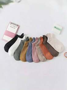 10 Pairs Women Smiling Face Jacquard Boat Socks, Low Vamp Non-Slip Solid Color Thin Soft Simple Short Socks