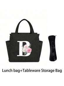 2 pièces/Set Sacs isothermes imprimés avec lettres A-Z et boîte de rangement pour couverts, sac à lunch à double poche