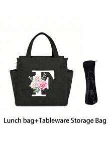 2 pièces/Set Sacs isothermes imprimés avec lettres A-Z et boîte de rangement pour couverts, sac à lunch à double poche