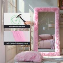Melodieux Full Length Mirror 63"X24" Free Standing Furry Floor Mirror Chic  Faux Fur Framed Wall Mounted Full Body Mirror Leaning Hanging Wall Mirror For Bedroom Entrance - 粉色 - 查看 5