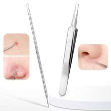 2pcs Set Blackhead Remover Tools, Pimple Extractor Tweezers And Ear Loop Removal Tool, Face Cleaning Beauty Kit, Unisex - Silver - View 1