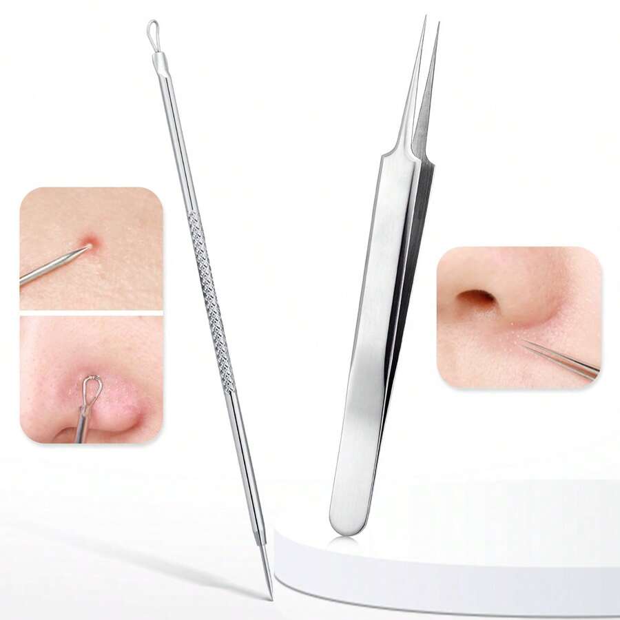 2pcs Set Blackhead Remover Tools, Pimple Extractor Tweezers And Ear Loop Removal Tool, Face Cleaning Beauty Kit, Unisex - Silver - View 1