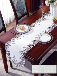 ABEST6522 Home&Living store 1pc Satin Fabric Table Runner, Embroidered Hollow-Out Lavender Design, Romantic Decor For Kitchen, Dining, Coffee, Vanity Tables, Home Party, Holiday, Indoor/Outdoor, Wedding Decorations - Violet Purple - View 8