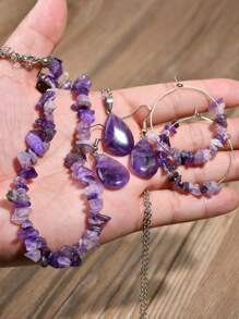 Boho-Chic 6pcs Amethyst Jewelry Set - Natural Stone Necklace & Earrings, Perfect For Casual Attire & Gifting - Multicolor - View 7