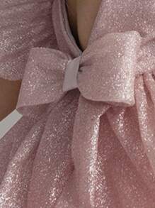 女孩优雅亮片泡泡袖蝴蝶结露背深 V 礼服，公主礼服适合儿童生日礼物、派对、宴会、婚礼花童、节日庆典 - 淺粉色 - 查看 3
