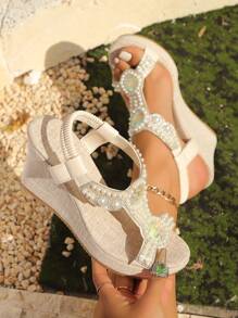 Beige Platform Sandals, Women's Summer Wedge Thick Bottom Sandals With Buckle Hollow Out Handmade Beaded Woven Lightweight Fashionable Holiday Roman Sandals, Boho Platform Shoes - Beige - View 2