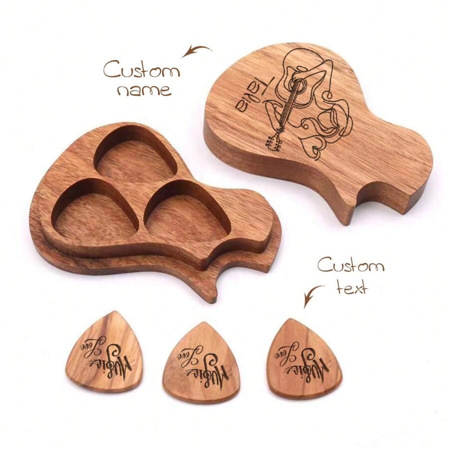 1 件，定制木制吉他拨片和收纳盒，定制名称，激光雕刻，棕色木材，适合原声、电声、贝斯和尤克里里演奏者的完美音乐礼物！适合吉他手、情人节、父亲节、首场演出的礼物，用于存放吉他拨片的三隔间礼品盒，由实木制成。木制收藏家雕刻吉他拨片盒古典三角形吉他拨片用于礼物乐器吉他贝斯。 - 彩色 - 查看 1