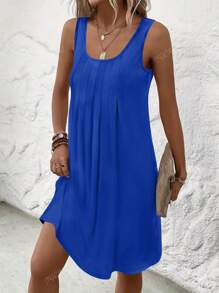 Vestito casual a portafoglio con tasche, senza maniche, ampio, con pieghe, di colore solido, adatto per donne di taglia grande, per l'estate