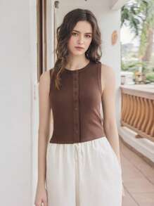 Women Y2k Button Down Tank Tops Knitted Solid Color Sleeveless Vest Top Slim Fit Crop Going Out Tops Streetwear - 棕色 - 查看 8