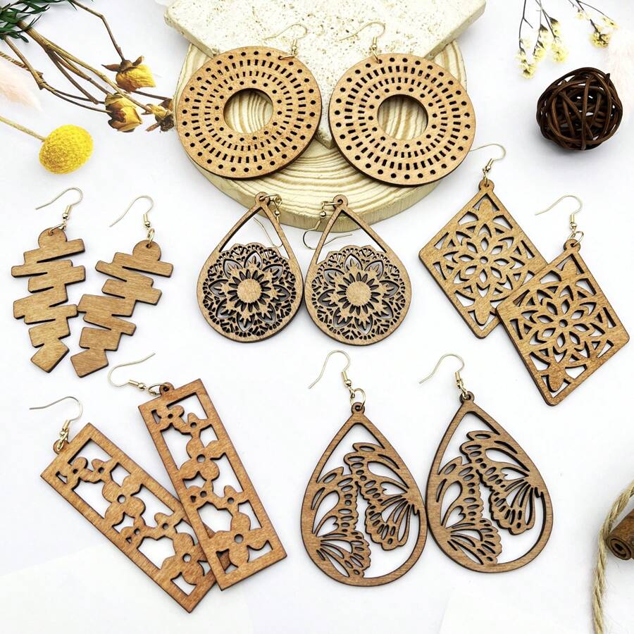 6 Pairs Of Wooden Carved Floral & Geometric Drop Earrings, Elegant For Vacation, Party, & Daily Wear