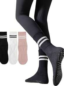 3 Pairs Women's Yoga Socks With Anti-Slip Grip, Suitable For All Seasons, Women's Non-Slip Long Socks With Grip, Appropriate For Ballet, Dance And Exercise, For Gym