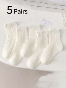 5 Pairs Girls White Lace Trim Princess Socks, Thin Breathable Japanese Style Cute Mid-Calf Socks, Student Socks, Mesh Socks, Sweet Casual Versatile - Multicolor - View 1