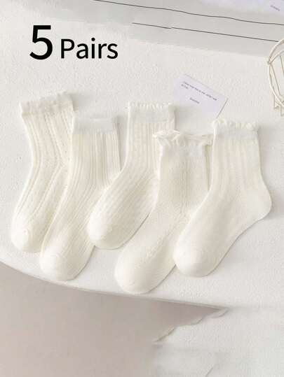 5 Pairs Girls White Lace Trim Princess Socks, Thin Breathable Japanese Style Cute Mid-Calf Socks, Student Socks, Mesh Socks, Sweet Casual Versatile