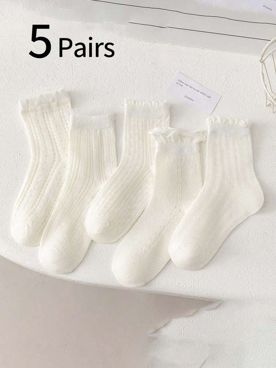 5 Pairs Girls White Lace Trim Princess Socks, Thin Breathable Japanese Style Cute Mid-Calf Socks, Student Socks, Mesh Socks, Sweet Casual Versatile - Multicolor - View 1