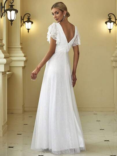 EVERPRETTY Sexy Ruffle Sheer Short Sleeve Lace Trim Backless White Wedding Dress Elegant