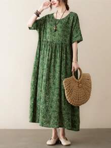 2026春节新款夏季圆领短袖印花连衣裙，波西米亚休闲度假连衣裙，女士大码日常穿着，优雅妈妈连衣裙