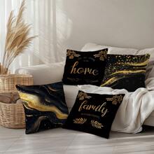 4pcs Set Simple Black & Gold Marble Texture Home Cushion Cover, Single-Sided Printed Peach Velvet Material, 45*45CM/18*18inch Throw Pillow Case Suitable For Modern Minimalist Sofa, Living Room Decor, Gift, Party Decoration