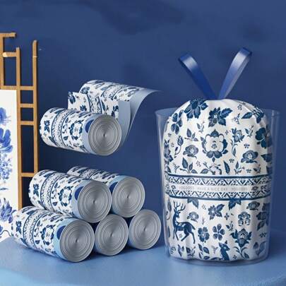 1 Roll Of 128pcs Retro Blue Trash Bags, High Capacity Recycling Bags, Suitable For Living Room, Bedroom, Bathroom, Kitchen, Office, Durable High Capacity, Great For Easter, Christmas, Halloween Gifts, Hair, Bathroom Accessories, Bathroom Cleaning, Home Accessories, Camping, Dog Bags, Face Razors, Eyebrow, Bedroom, Dog, Bottle Brush, Cleaning, Puppy, Keep Game Gloves, Kitchen, Puppy, Keep Game Gloves