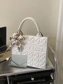 1 件/2 件/套时尚绗缝方形手提包，带字母图案和细围巾装饰，大容量 PU 单肩包钱包套装，专业商务公文包，适合工作/通勤 - 休闲、手提包、办公室 - 彩色 - 查看 11