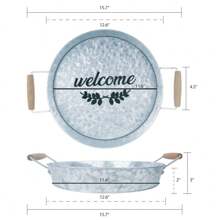 13inch Galvanized Round Tray W/Wooden Handles For Home, Office, Party, Wedding, Spa, Serving - Welcome - View 2