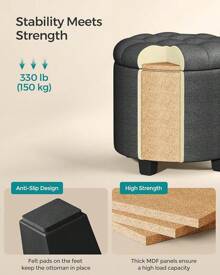 Round Ottoman, Ottoman With Storage, 17.7 Dia. X 17.5 H Inches Foot Rest With Legs, Load Up To 330 Lb, For Living Room, Bedroom, Dark Gray ULOM011G01 - 深灰色 - 查看 4