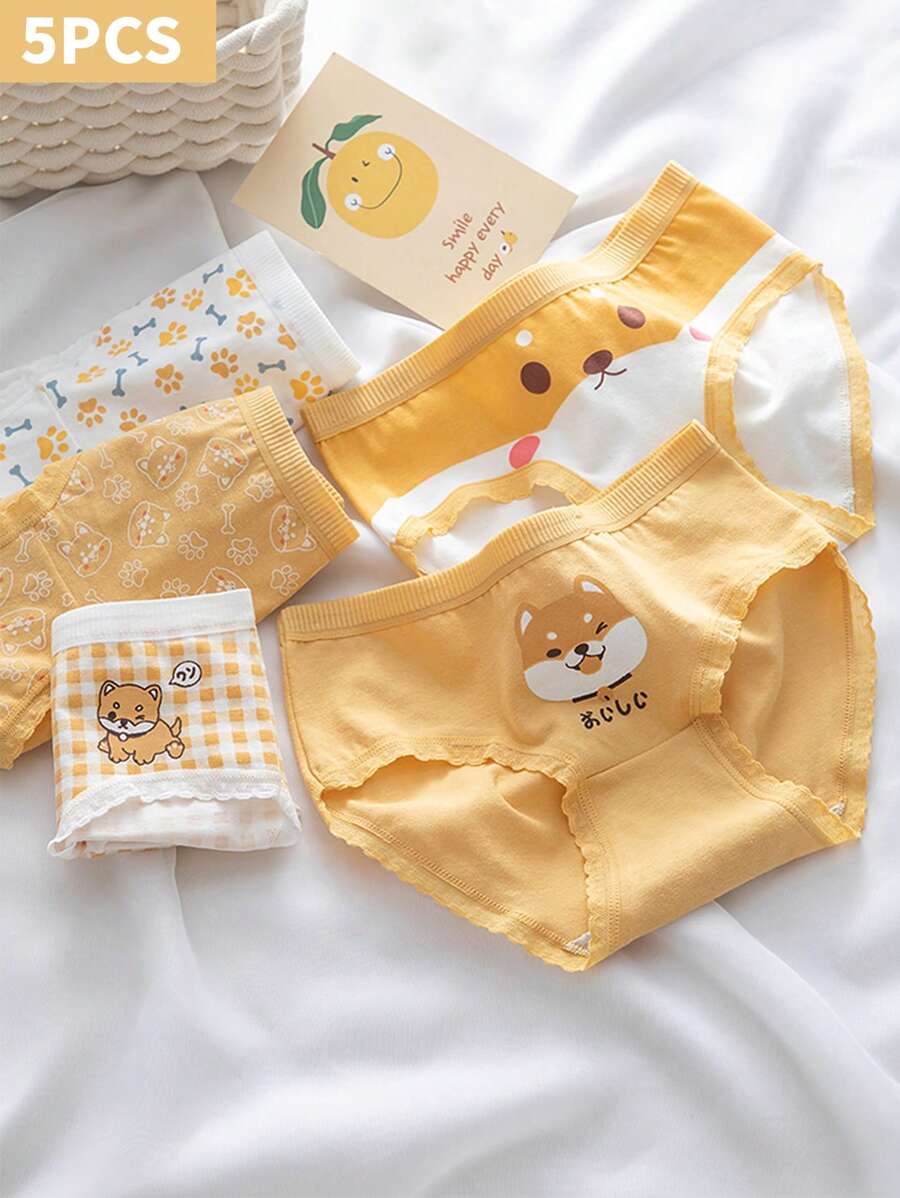 5 pièces / set Culottes à la taille moyenne avec imprimé mignon de bandes de dentelle et de dessins animés pour filles préadolescentes, respirantes. Culottes triangulaires pour étudiantes / filles préadolescentes