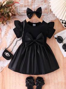 2pcs Baby Girls' Simple Black Ribbed & Faux Leather Patchwork Cap Sleeve Dress With Bow Headband