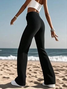 Women High Waist Striped Textured Solid Flared Pants, Fitted Solid Flare Leg Leggings For Sports, Workout, Daily Casual, Compression Tight Yoga Pants - Black - View 2