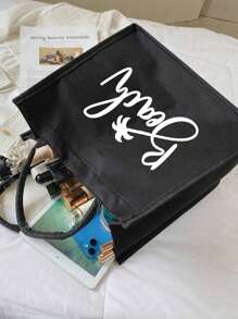 1 bolsa de lona tipo tote con impresión de letra, bolsa de regalo personalizada para la playa, de gran capacidad, impermeable y portátil, bolsa de playa con letra para vacaciones, paquete de trabajo, bolsa de lona con cremallera para compras, estilo tanto para mujeres como para hombres, ideal para escuela, universidad, trabajo, negocios, traslados, exteriores, viajes, salidas, vacaciones, bolsa de almuerzo para el Día del Maestro (negra), bolsas de viaje de gran tamaño, bolsa de verano