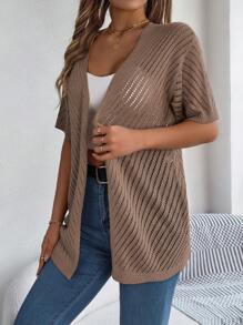 Casual Hollow Out Knit Short Sleeve Cardigan, Spring/Summer - Coffee Brown - View 6