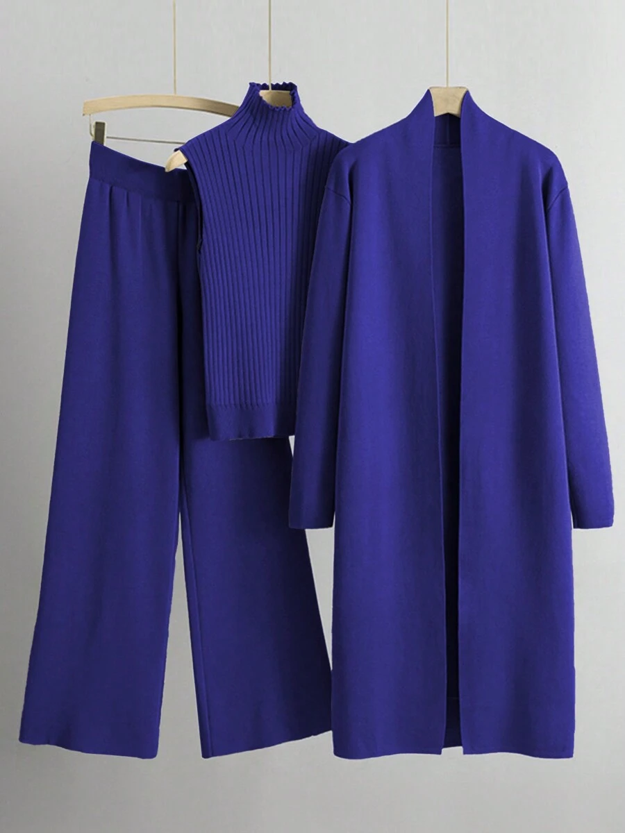 Women's Minimalist Solid Color Turtle Neck Tank Top & Wide Leg Trousers With Long Cardigan Three-Piece Set, Basic Co-Ord Set - Màu xanh lam - Xem 1