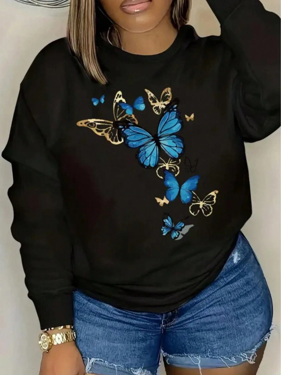 Women's Sweatshirt, Black, Crew Neck, Plus Size Style, Model: "Flying Butterflies" - SPECIAL Launch 2025 - Black - View 1