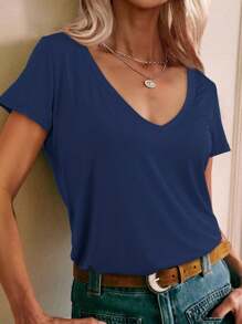 HIGHFINE Women's Deep V-Neck Casual Short Sleeve Loose Basic Fashion T-Shirt