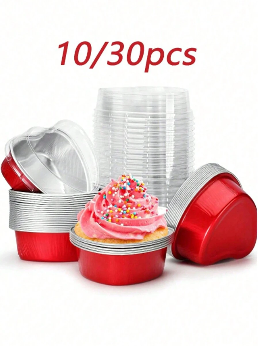 10/30 piezas Moldes de aluminio desechables con forma de corazón Yinkin de 5.4 pulgadas para magdalenas/cupcakes con tapas, para hornear postres, para el Día de la Madre, San Valentín, bodas, cumpleaños, tartas y muffins - Multicolor - Ver 1