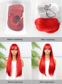 24 英寸红色直发带刘海合成纤维耐热假发全机器制造，适合日常聚会，高品质女士天然美丽合成柔软假纤维头发 - 紅色 - 查看 8