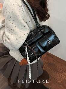 FEISTURE 1 纯色PU多口袋保龄球包，女士款（带狗狗吊坠），拉链封口，适合购物、约会、作为女士礼物，适合少女、大学生和上班族，是办公室、大学、工作和通勤的理想之选。 - 黑色 - 查看 9