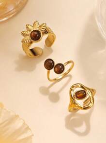 Set de 3 anillos abiertos con incrustaciones de ojo de tigre y hoja dorada de acero inoxidable, adecuado para mujeres como atuendo diario de primavera o regalo - Ojo de tigre marrón - Ver 1