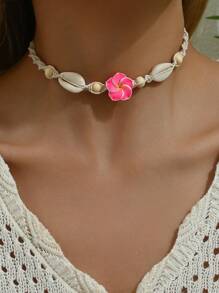 1pc Bohemia Style Handmade Soft Clay Flower Braided Adjustable Necklace For Women